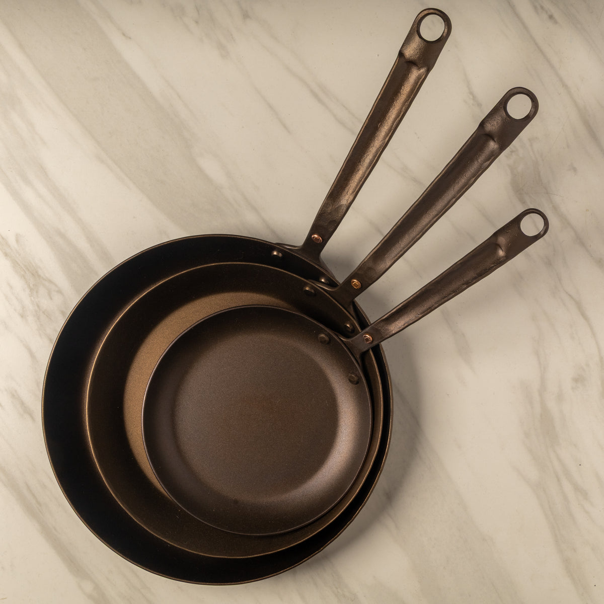 8",10",12" Round Carbon Steel Skillets Set - Hand Forged
